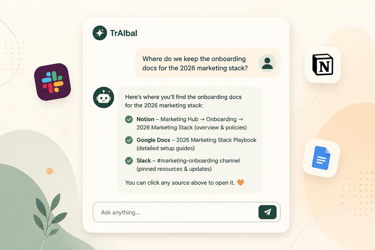 TrAIbal agent answering a question about onboarding docs by pulling information from Slack, Notion, and Google Docs